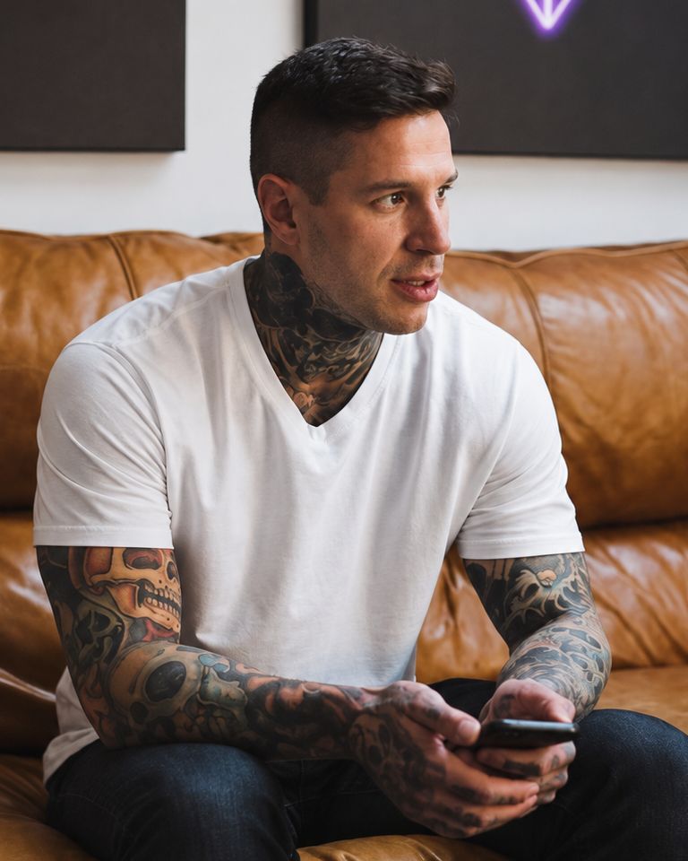 Justin Gilmore seated on a tan leather couch in a white T-shirt, holding a phone